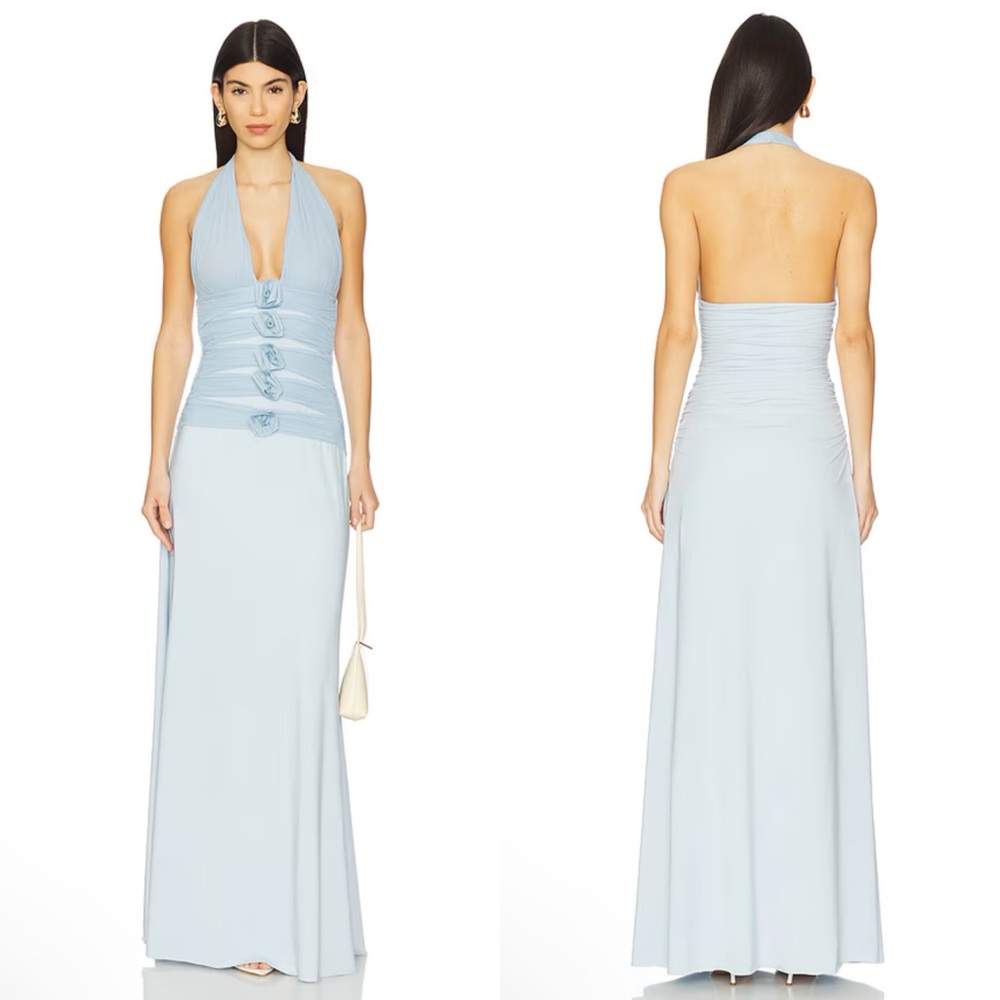 Maygel Coronel Villadiego Halter Maxi Dress In Arctic Blue Rosettes